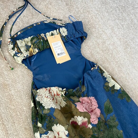 NWT Pheme Paris Floral Halter Silk Cotton Resort Cocktail Maxi Dress XS Blue - Picture 9 of 10